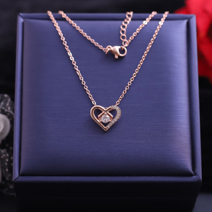 Rose Gold Asymmetrical Heart Necklace - Sparkling Crystal Accent Pendant