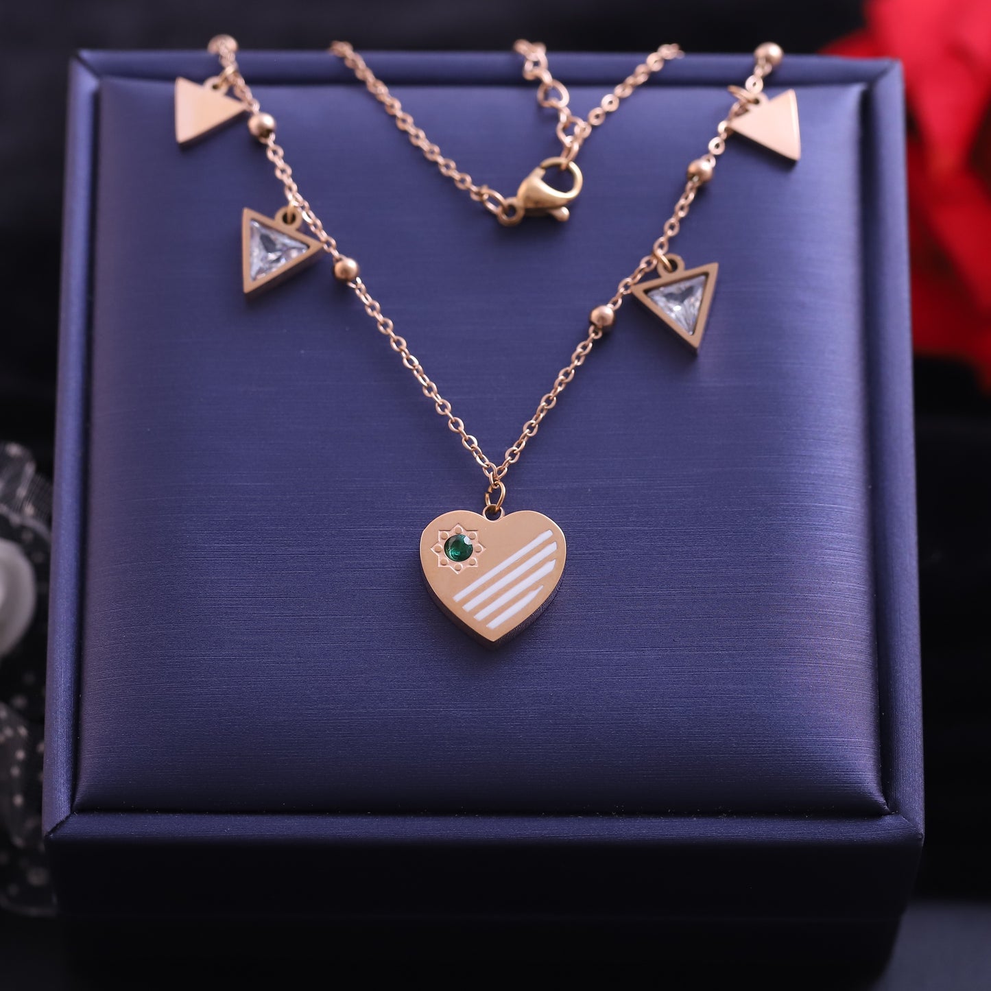 Rose Gold Heart & Triangle Charm Anklet | Emerald Zirconia Dangle