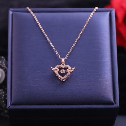 Rose Gold Winged Heart Necklace - Sparkling Angel Love Pendant