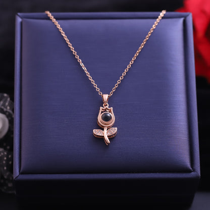 Rose Gold Rose Flower Projection Necklace - "I Love You" in 100 Languages