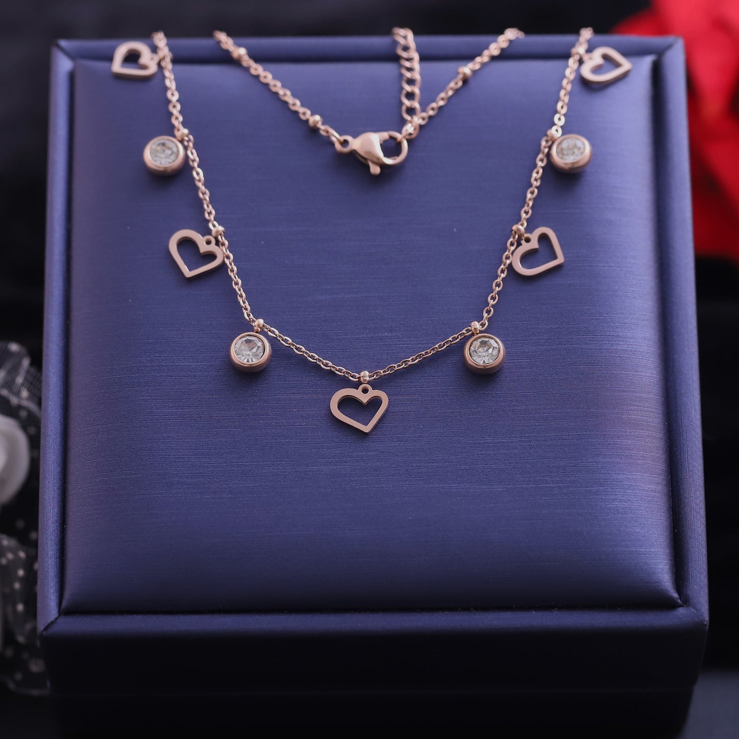 Rose Gold Heart and Zirconia Ankle Bracelet | Dainty Charm Anklet