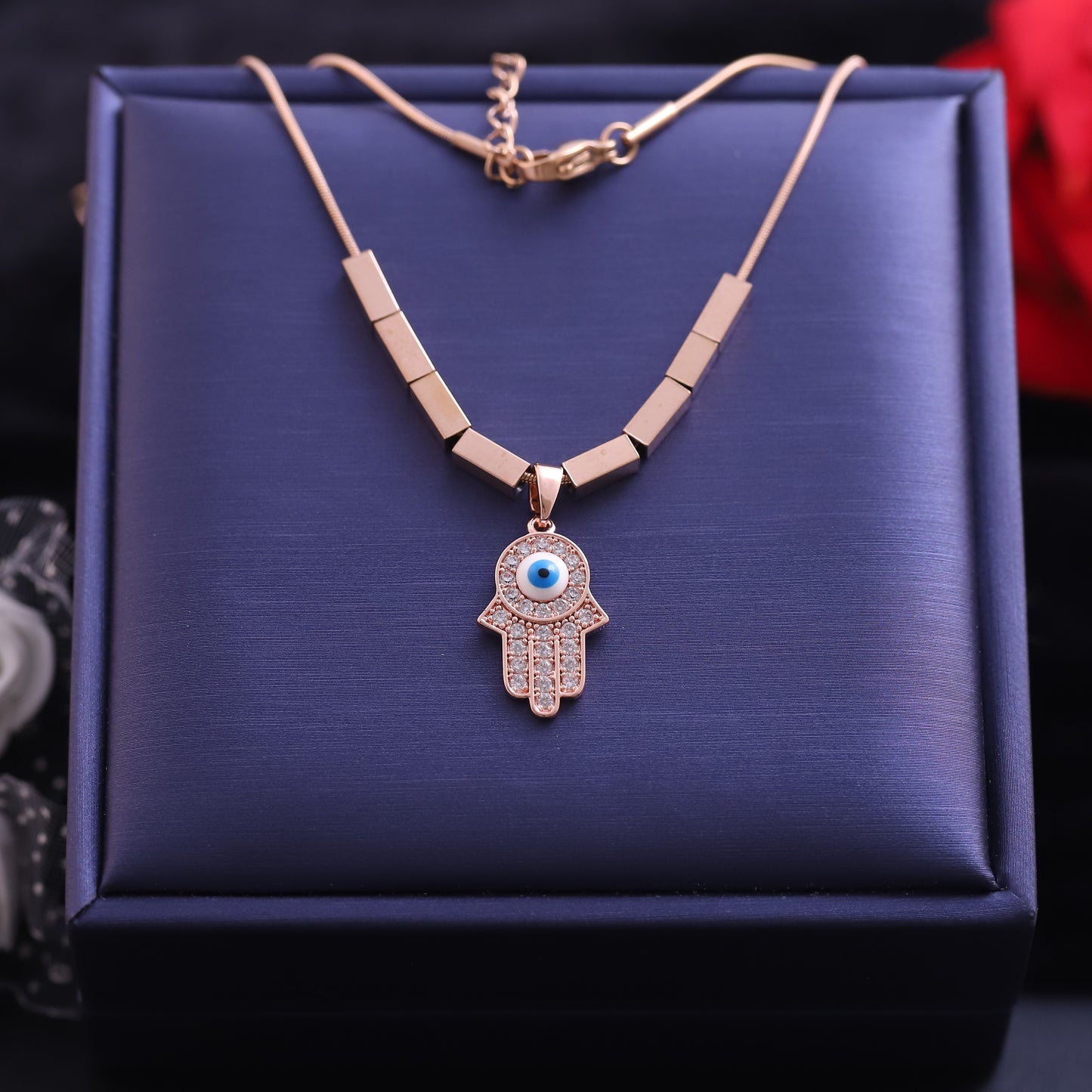 Rose Gold Hamsa Hand Evil Eye Necklace - Cubic Zirconia Protection Pendant