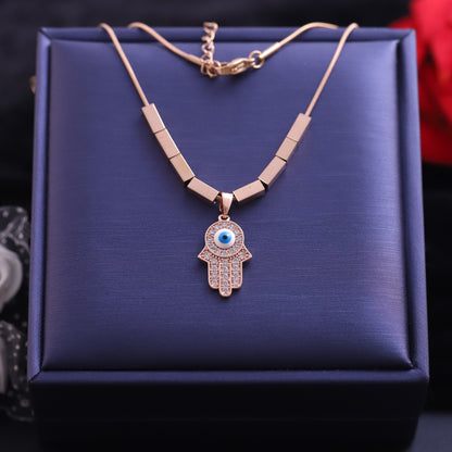 Rose Gold Hamsa Hand Evil Eye Necklace - Cubic Zirconia Protection Pendant