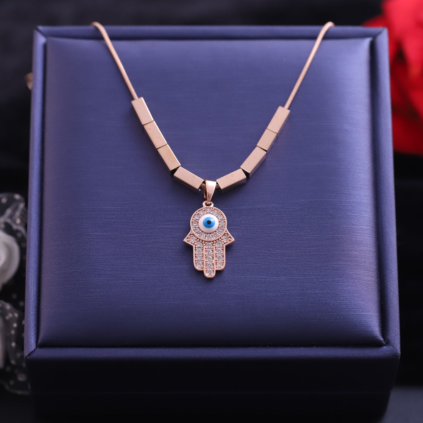 Rose Gold Hamsa Hand Evil Eye Necklace - Cubic Zirconia Protection Pendant