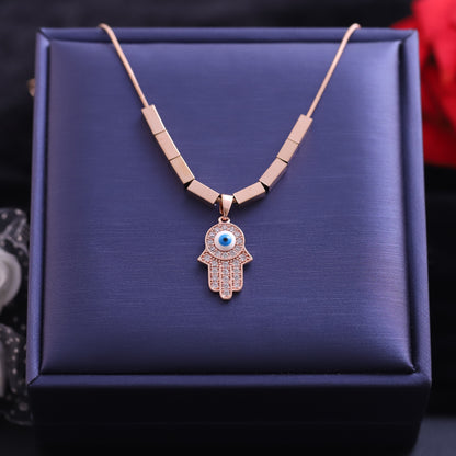 Rose Gold Hamsa Hand Evil Eye Necklace - Cubic Zirconia Protection Pendant