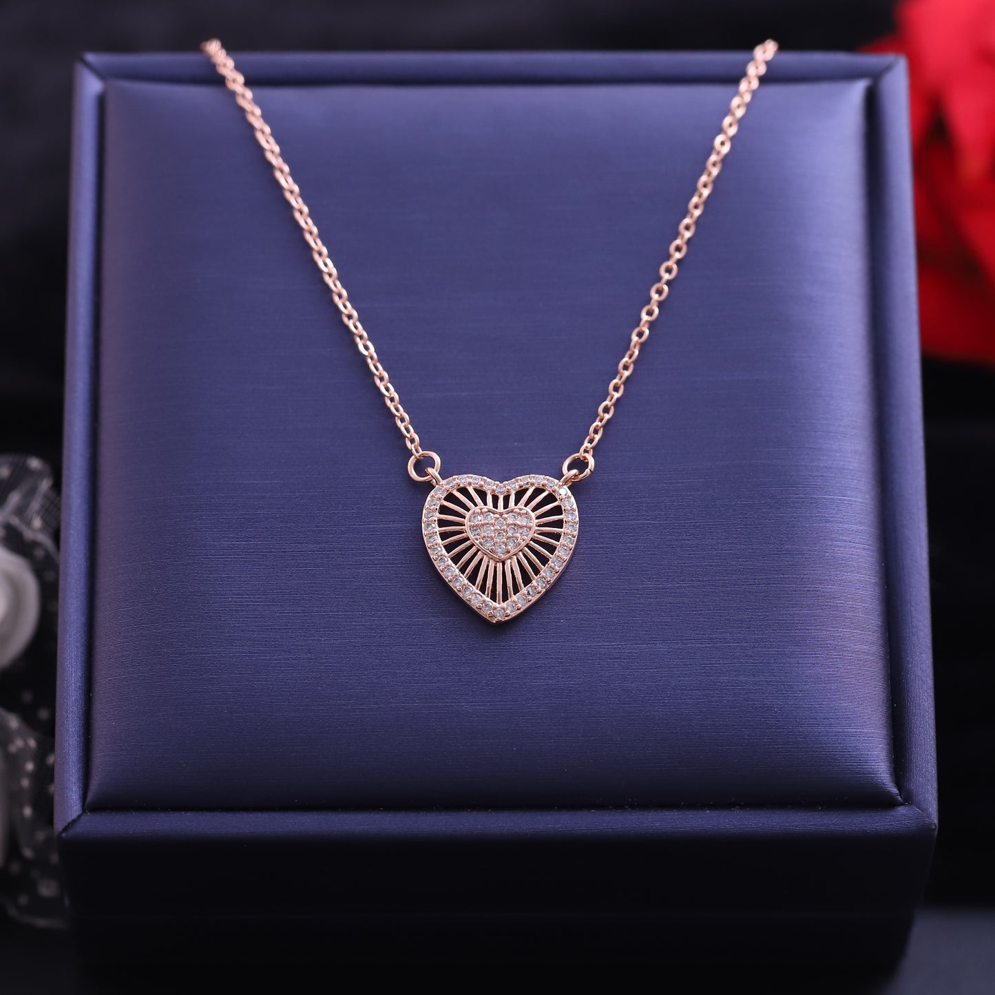 Rose Gold Burst Heart Necklace - Sparkling Radiant Love Pendant