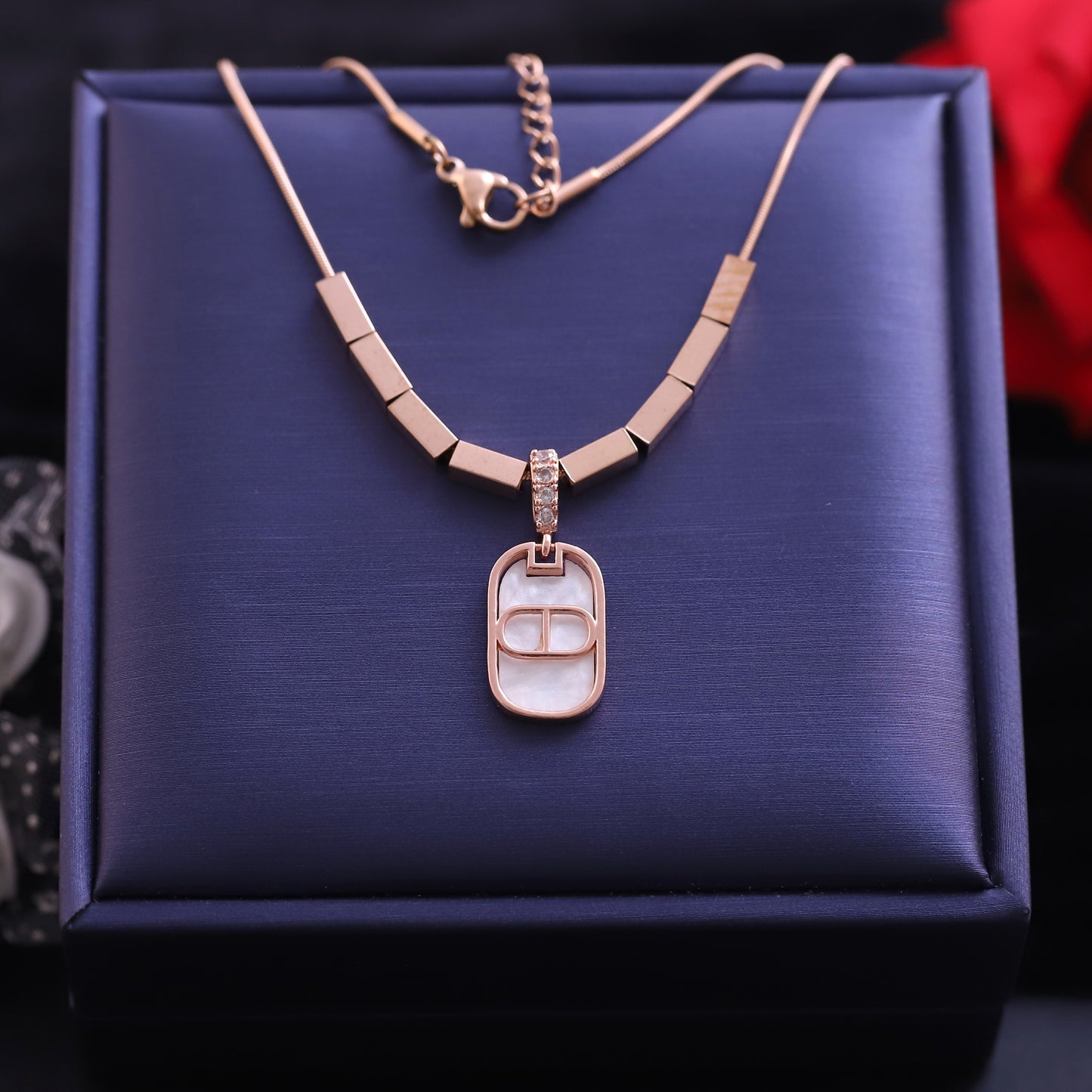 Rose Gold Oval Pendant Necklace - Mother of Pearl & Crystal Geometric Jewelry