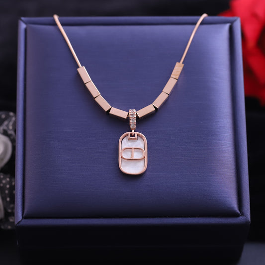 Rose Gold Oval Pendant Necklace - Mother of Pearl & Crystal Geometric Jewelry