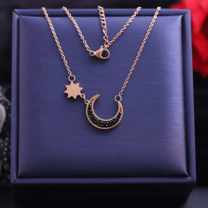 Rose Gold Star and Crescent Moon Necklace | Black Crystal Celestial Pendant