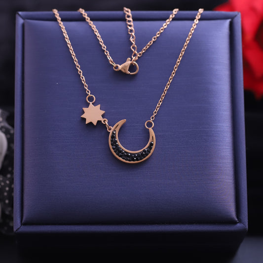 Rose Gold Star and Crescent Moon Necklace | Black Crystal Celestial Pendant