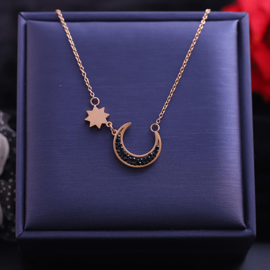 Rose Gold Star and Crescent Moon Necklace | Black Crystal Celestial Pendant