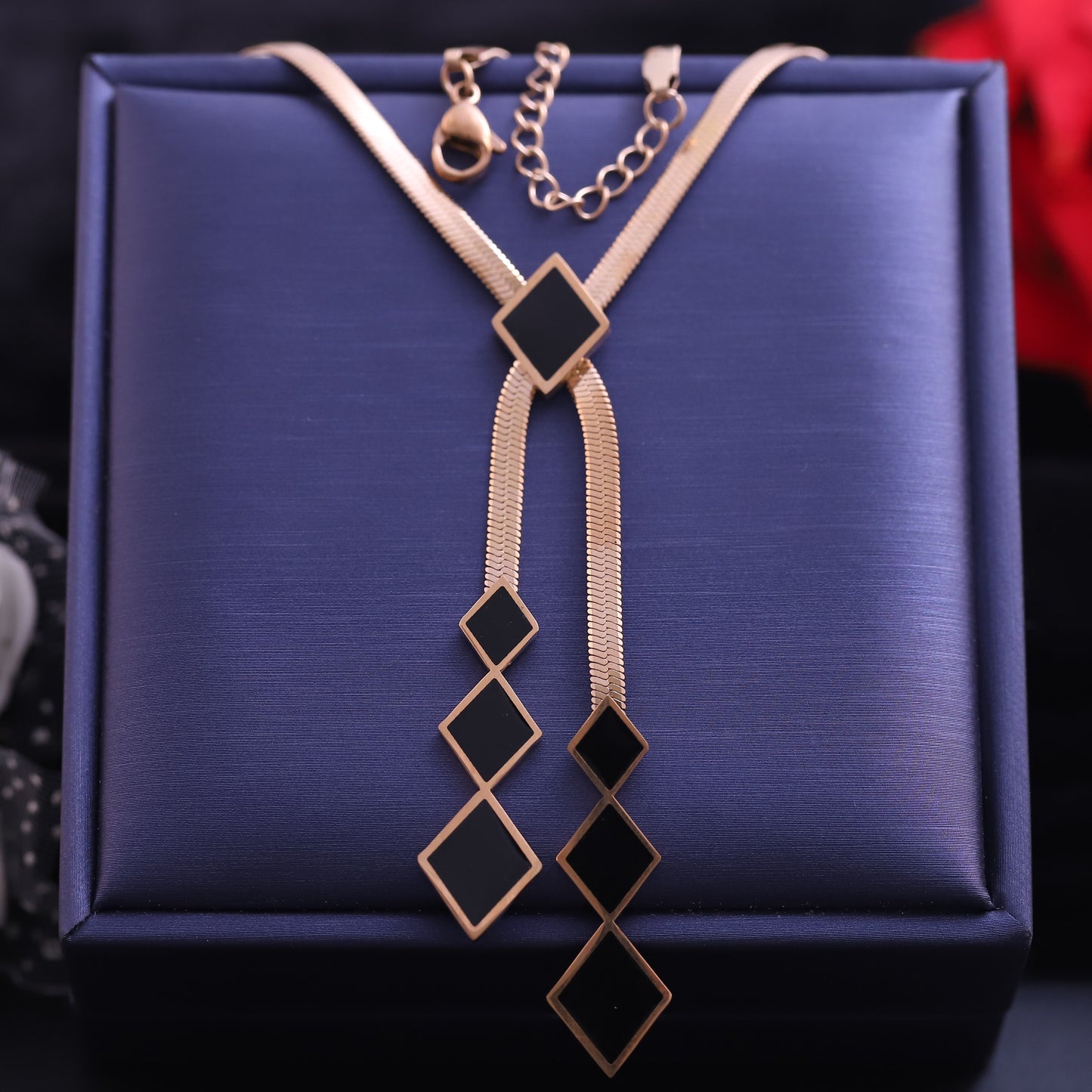 Rose Gold Snake Chain Y Necklace | Black Enamel Diamond Pendant
