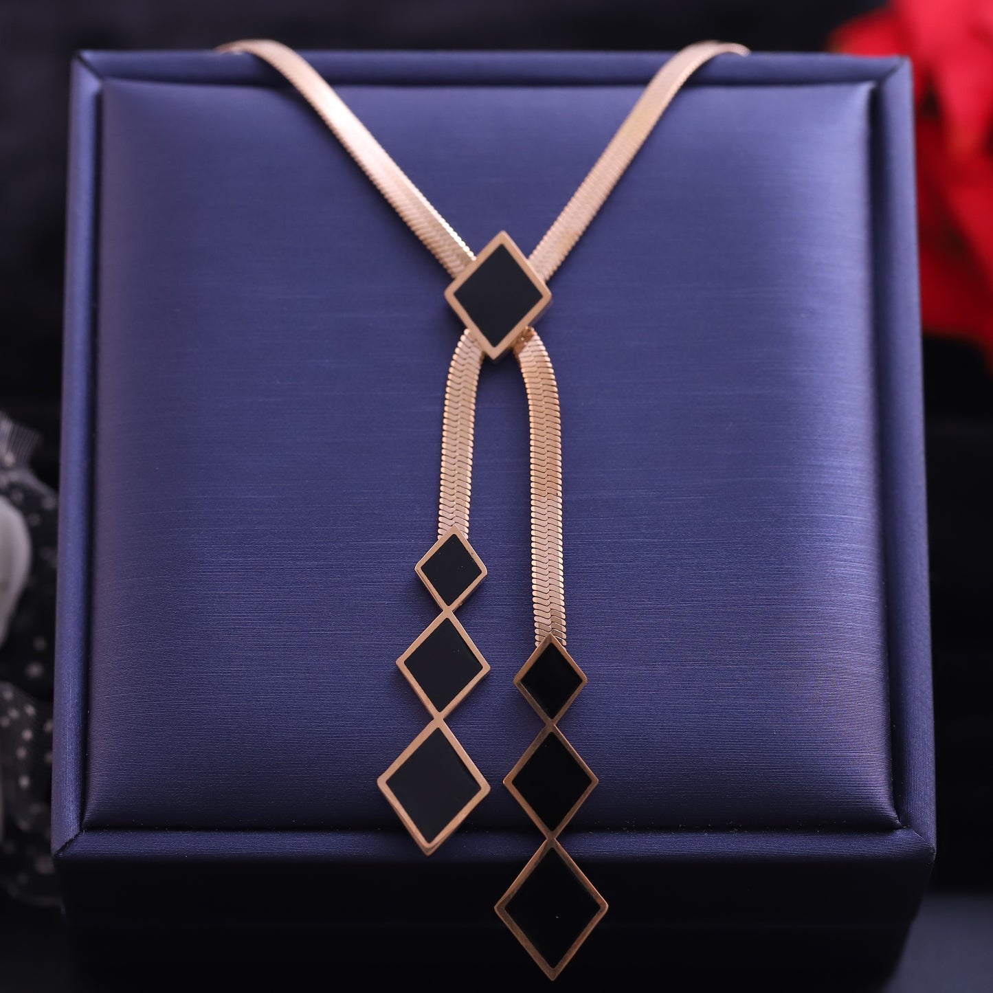 Rose Gold Snake Chain Y Necklace | Black Enamel Diamond Pendant