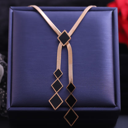 Rose Gold Snake Chain Y Necklace | Black Enamel Diamond Pendant