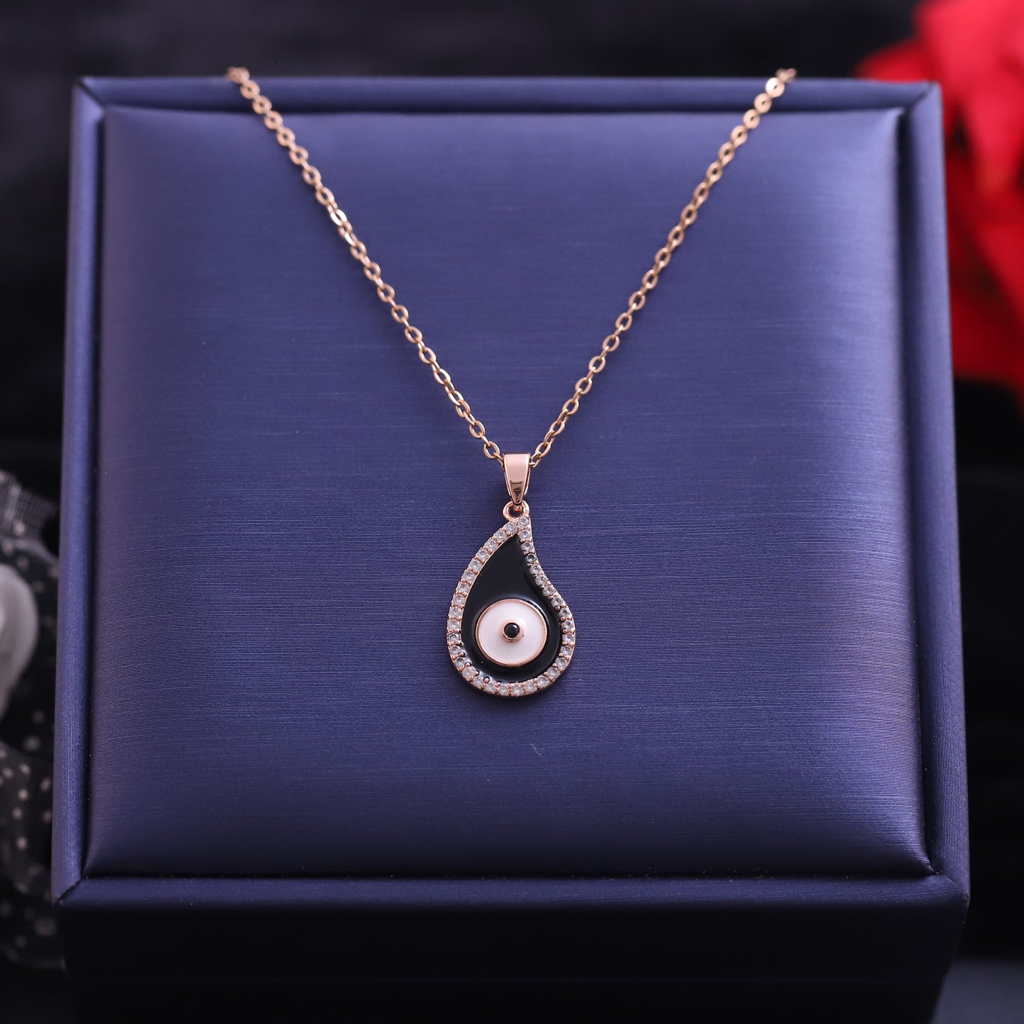 Rose Gold Teardrop Evil Eye Necklace - Mother of Pearl & Crystal Pendant