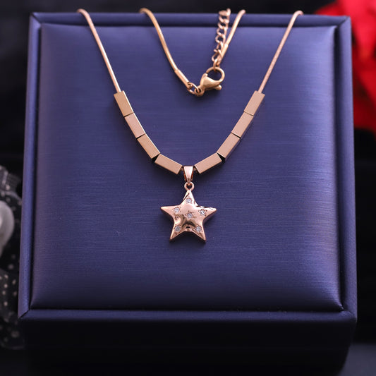 Rose Gold Star Necklace - Modern Geometric & Crystal Pendant