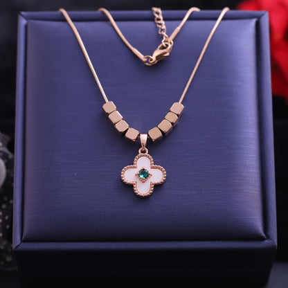 Rose Gold Four Leaf Clover Necklace with Emerald Center - Lucky Charm Pendant