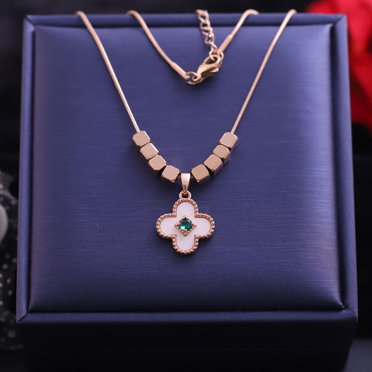 Rose Gold Four Leaf Clover Necklace with Emerald Center - Lucky Charm Pendant