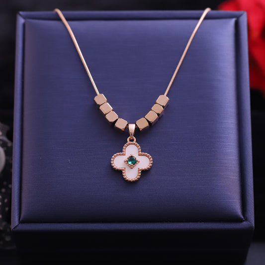 Rose Gold Four Leaf Clover Necklace with Emerald Center - Lucky Charm Pendant