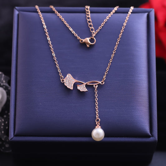 Rose Gold Ginkgo Leaf & Pearl Lariat Necklace - Nature Inspired Jewelry
