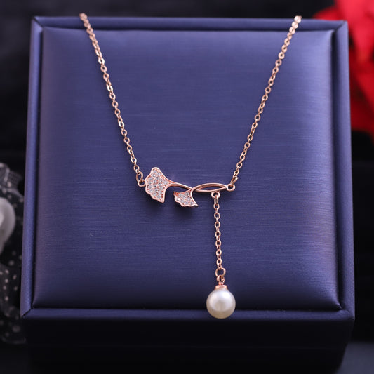 Rose Gold Ginkgo Leaf & Pearl Lariat Necklace - Nature Inspired Jewelry