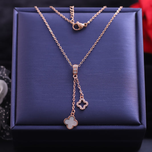 Rose Gold Four Leaf Clover Lariat Necklace - Mother of Pearl Lucky Charm
