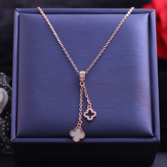 Rose Gold Four Leaf Clover Lariat Necklace - Mother of Pearl Lucky Charm