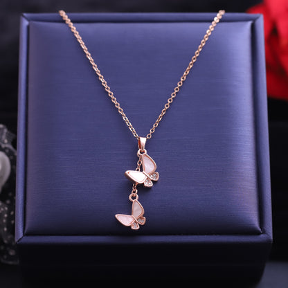 Rose Gold Cascading Butterfly Necklace - Mother of Pearl & Crystal Pendant
