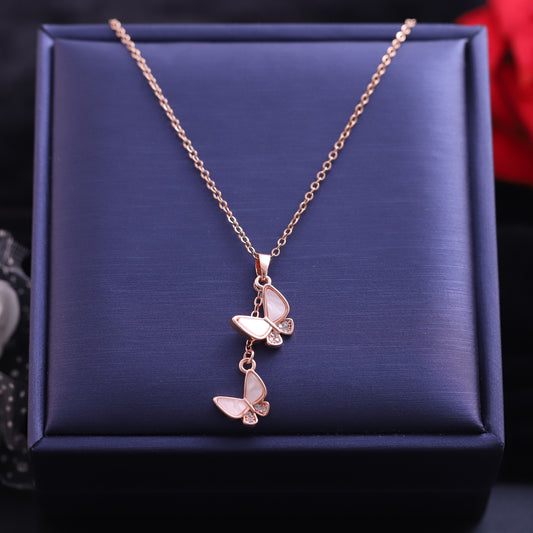 Rose Gold Cascading Butterfly Necklace - Mother of Pearl & Crystal Pendant