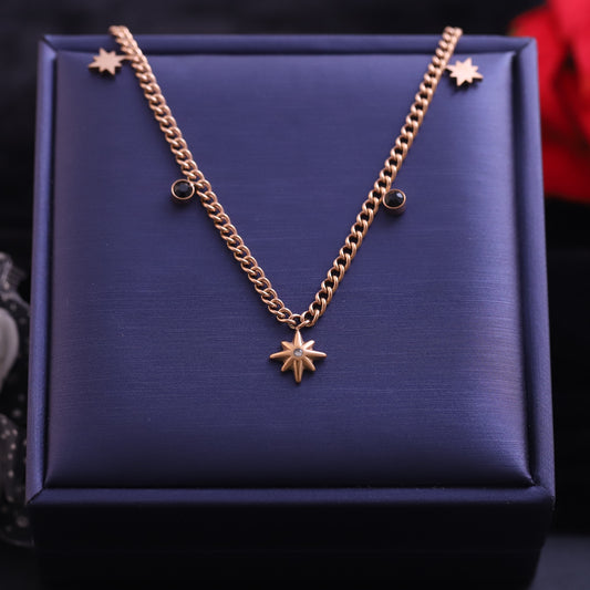 Rose Gold North Star Necklace with Black Gem Accents - Celestial Pendant