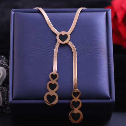 Rose Gold Snake Chain Y Necklace | Black Enamel Heart Pendants