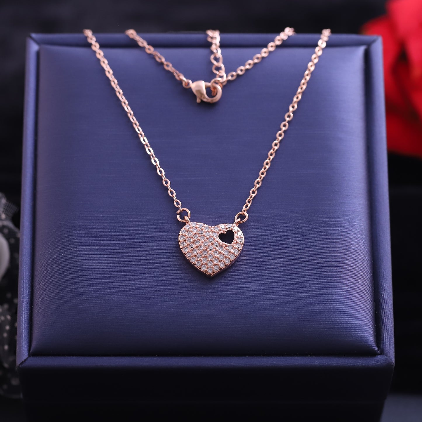 Rose Gold Layered Double Heart Necklace | Pave Zirconia & Open Heart Charm