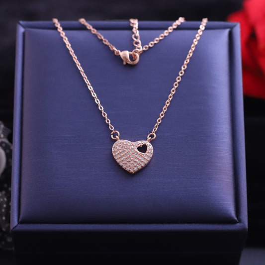 Rose Gold Layered Double Heart Necklace | Pave Zirconia & Open Heart Charm