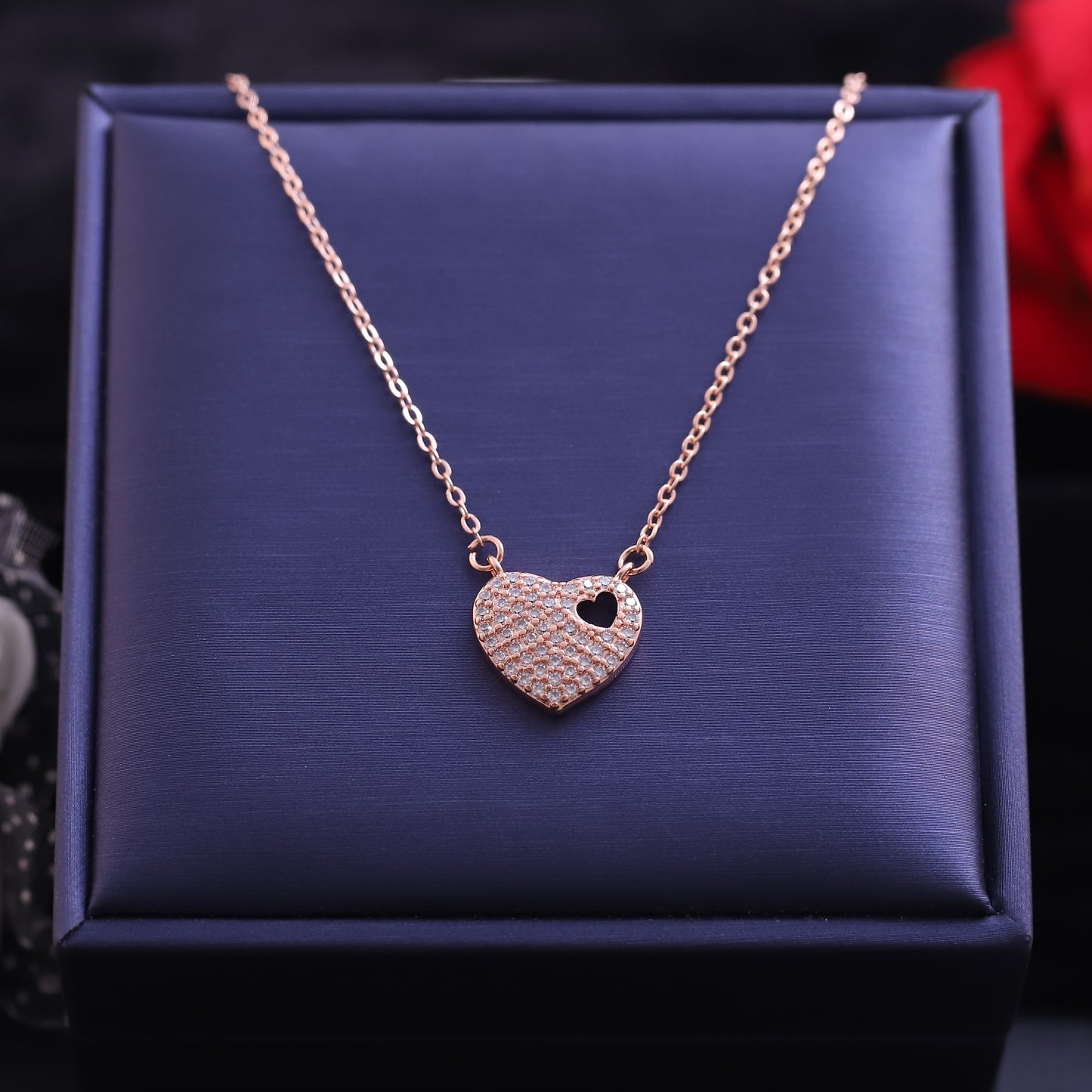 Rose Gold Layered Double Heart Necklace | Pave Zirconia & Open Heart Charm