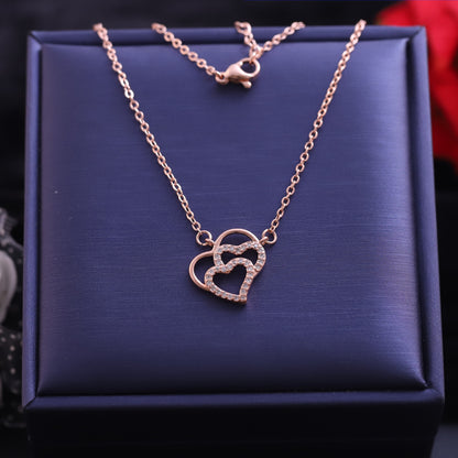 Rose Gold Interlocking Hearts Necklace | Pave Zirconia Double Heart Pendant