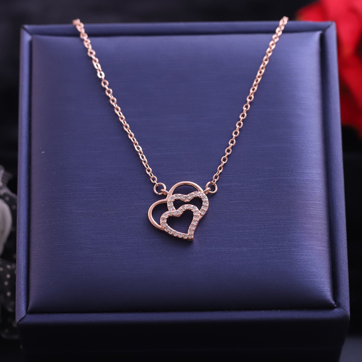 Rose Gold Interlocking Hearts Necklace | Pave Zirconia Double Heart Pendant