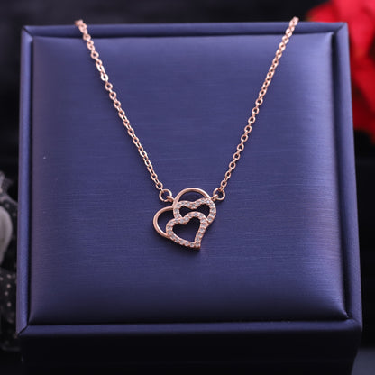 Rose Gold Interlocking Hearts Necklace | Pave Zirconia Double Heart Pendant