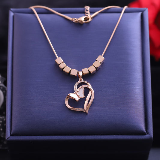 Rose Gold Heart & Butterfly Necklace | Cubic Beaded Chain & Zirconia Pendant