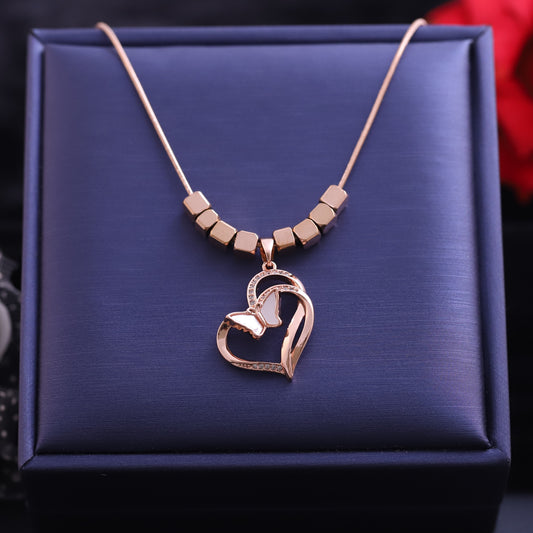 Rose Gold Heart & Butterfly Necklace | Cubic Beaded Chain & Zirconia Pendant