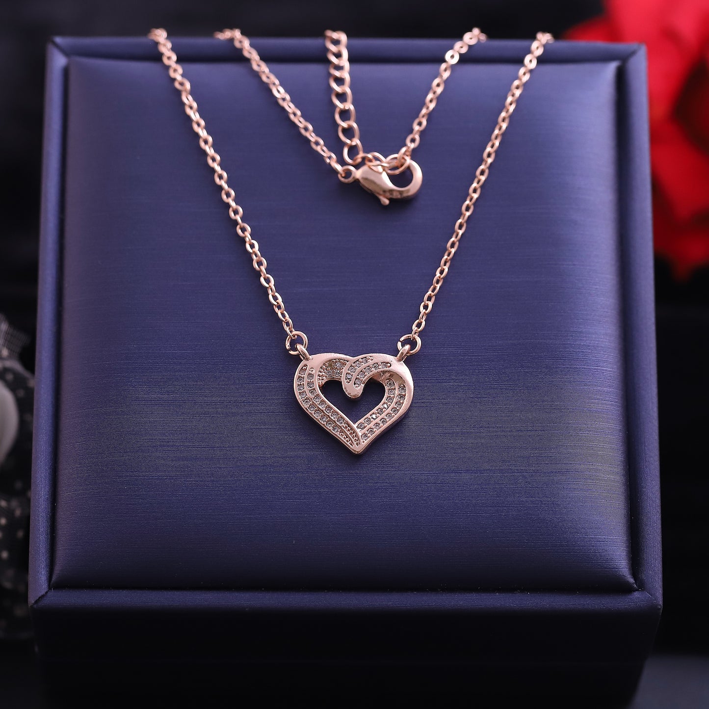 Rose Gold Interlocking Hearts Necklace | Pave Zirconia Double Heart Pendant