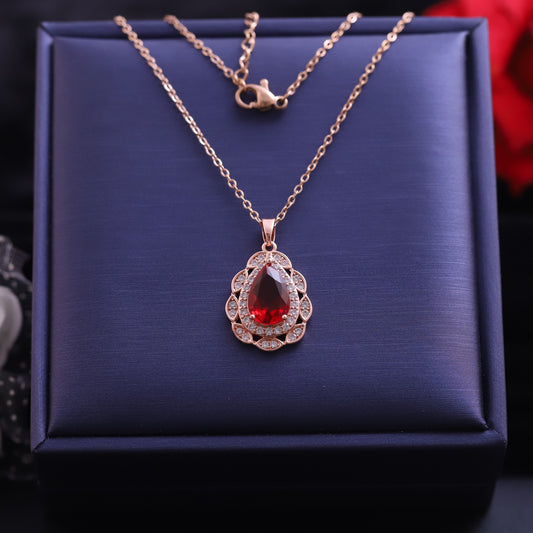 Rose Gold Pear-Shaped Red Gemstone Necklace | Vintage Halo Pendant