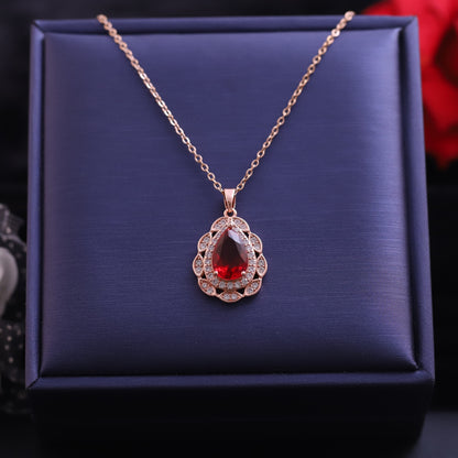 Rose Gold Pear-Shaped Red Gemstone Necklace | Vintage Halo Pendant