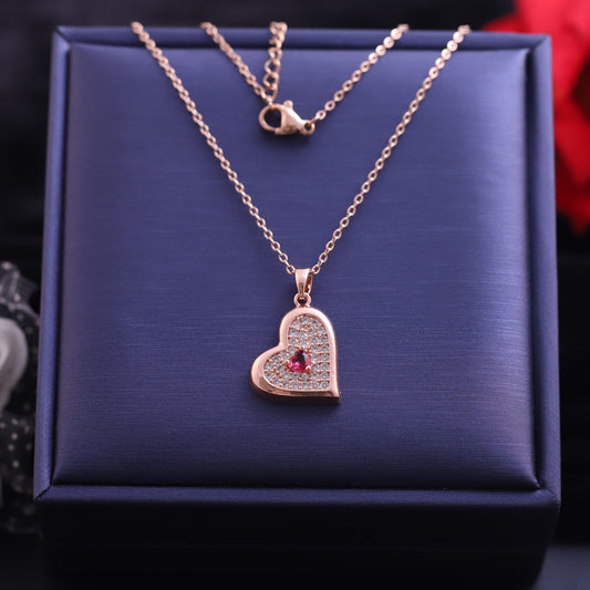 Rose Gold Heart Outline Necklace | Ruby Zirconia Accent & Pave Crystals