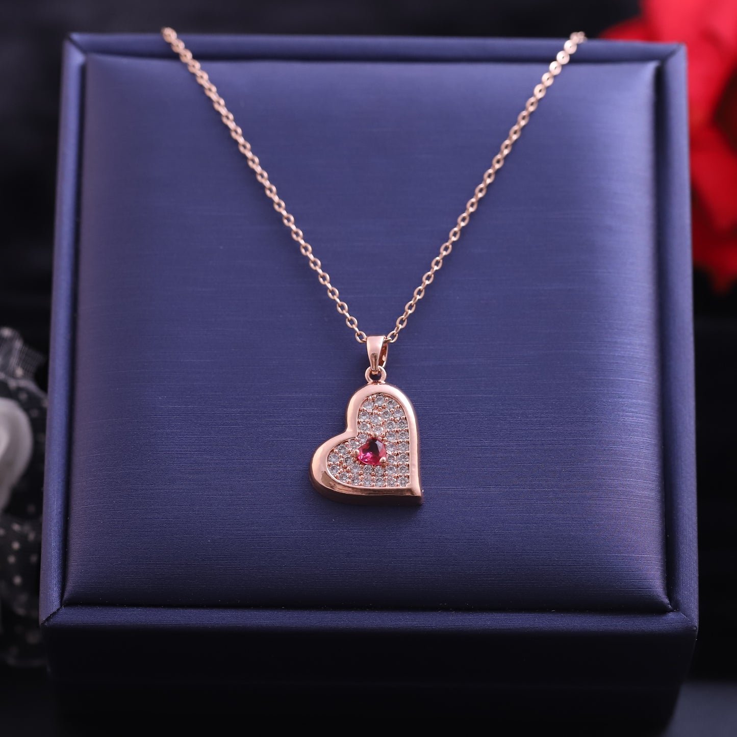 Rose Gold Heart Outline Necklace | Ruby Zirconia Accent & Pave Crystals