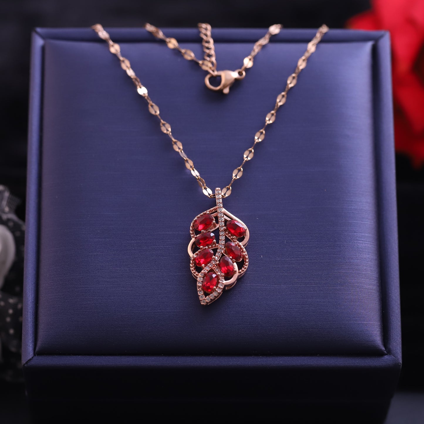 Rose Gold Red Zirconia Leaf Pendant Necklace | Statement Jewelry