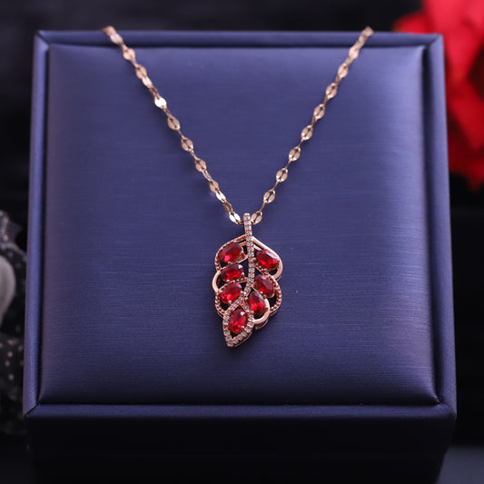 Rose Gold Red Zirconia Leaf Pendant Necklace | Statement Jewelry