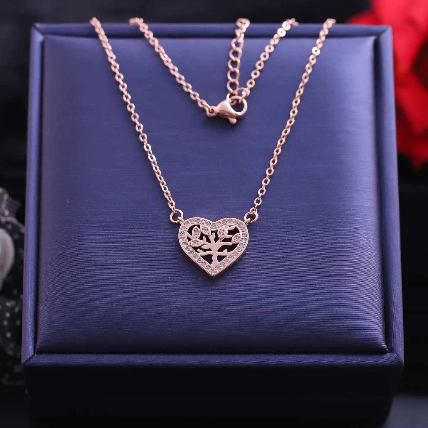 Rose Gold Tree of Life Heart Necklace | Pave Zirconia Family Tree Pendant