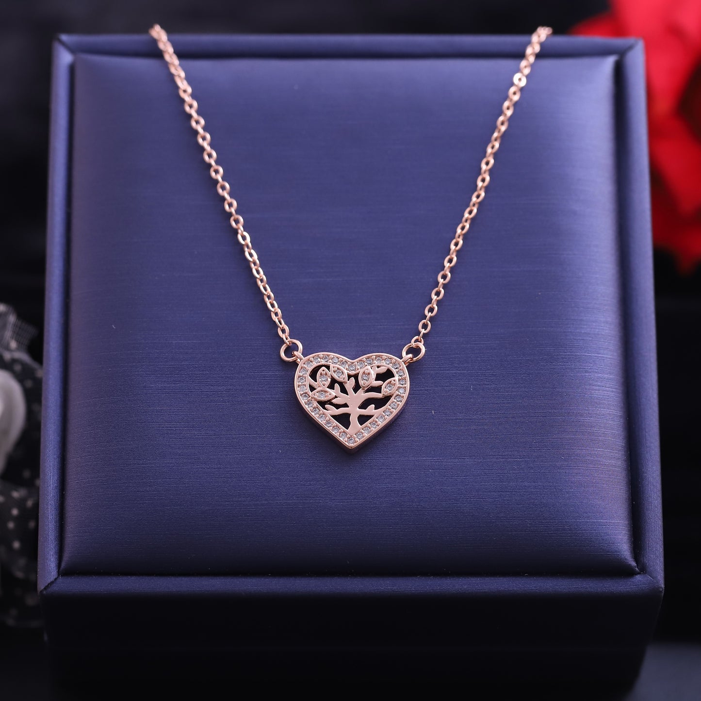 Rose Gold Tree of Life Heart Necklace | Pave Zirconia Family Tree Pendant