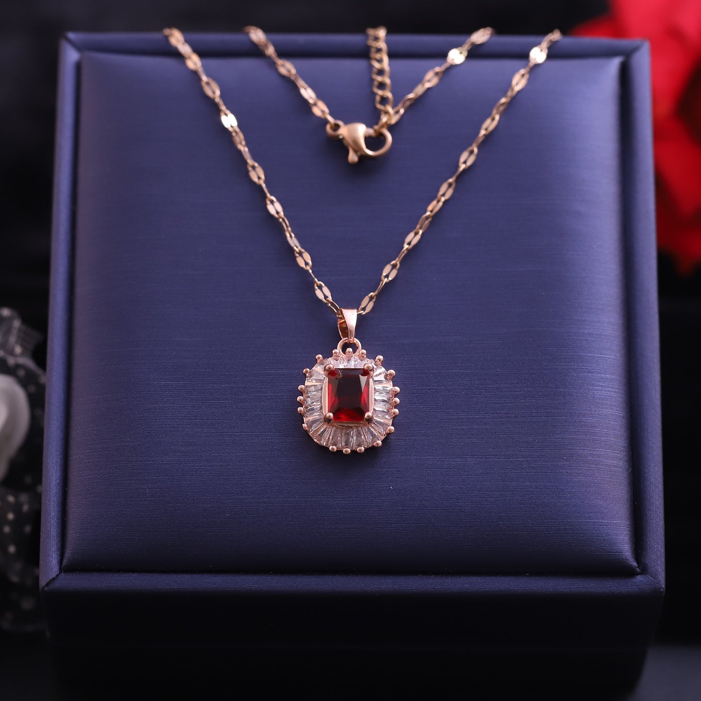 Rose Gold Red Gemstone Halo Necklace | Statement Zirconia Pendant