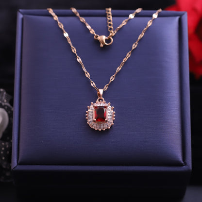 Rose Gold Red Gemstone Halo Necklace | Statement Zirconia Pendant